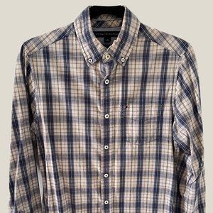 SALE XS TOMMY HILFIGER CUSTOM FIT BLUE TAN PLAID WOVEN SHIRT